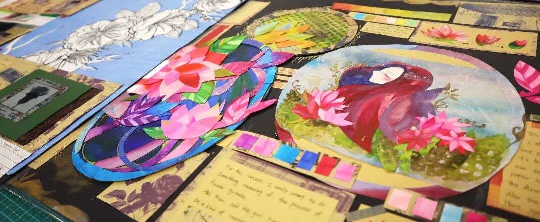 艺术与设计学科三大细分领域示意图：纯艺术、视觉传达、时尚设计与纺织（上海耀华古北校区）